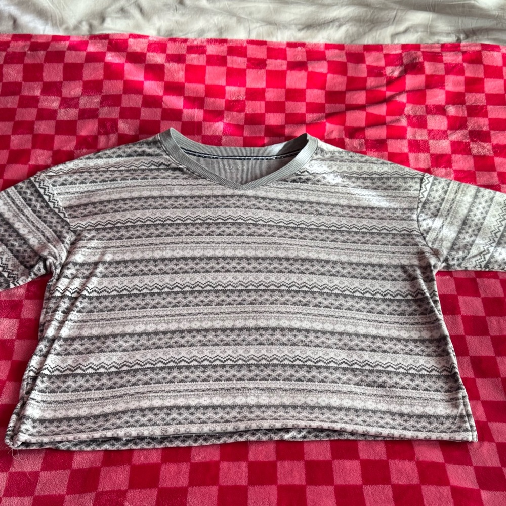Gray & white fleece long sleeve lounge set with drawstring pants - Picture 11 of 15